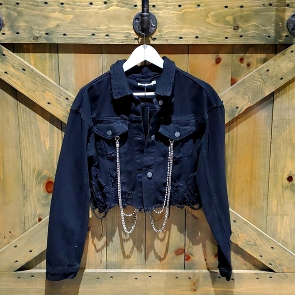NWT NEW CARMAR ZEUS BLACK CHAIN DENIM JACKET SIZE SMALL OPEN BACK CUT OUT - Picture 2 of 13
